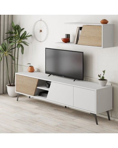 Porta tv Fiona bianco con anta rovere e mensola