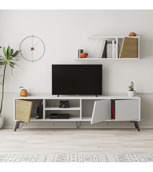 Porta tv Fiona bianco con anta rovere e mensola