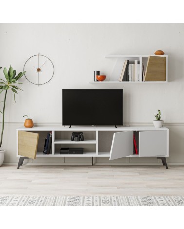 Porta tv Fiona bianco con anta rovere e mensola