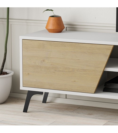 Porta tv Fiona bianco con anta rovere e mensola