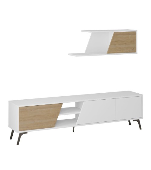Porta tv Fiona bianco con anta rovere e mensola