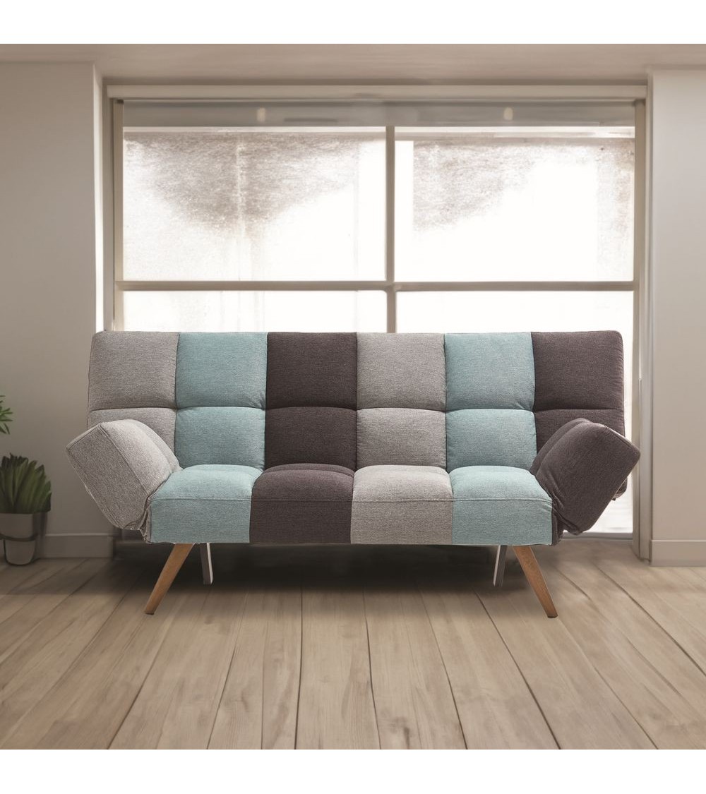 Divano letto Dube con braccioli pieghevoli in tessuto patchwork