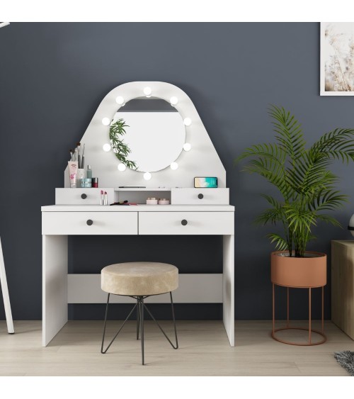 Toeletta da trucco con specchio a luci a led con doppio ripiano e 4 cassetti bianco