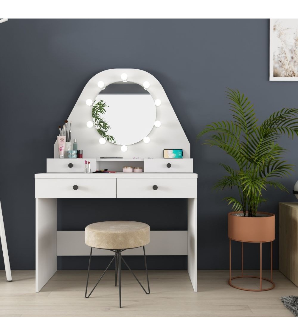 Toeletta da trucco con specchio a luci a led con doppio ripiano e 4 cassetti bianco