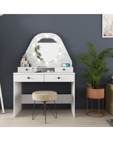 Toeletta da trucco con specchio a luci a led con doppio ripiano e 4 cassetti bianco