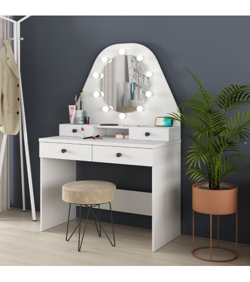Toeletta da trucco con specchio a luci a led con doppio ripiano e 4 cassetti bianco