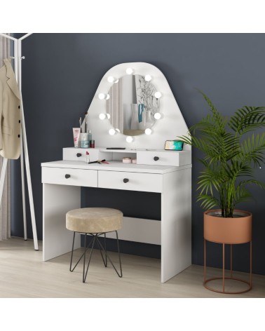 Toeletta da trucco con specchio a luci a led con doppio ripiano e 4 cassetti bianco