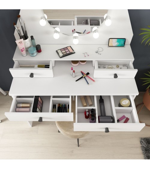 Toeletta da trucco con specchio a luci a led con doppio ripiano e 4 cassetti bianco