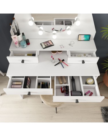 Toeletta da trucco con specchio a luci a led con doppio ripiano e 4 cassetti bianco