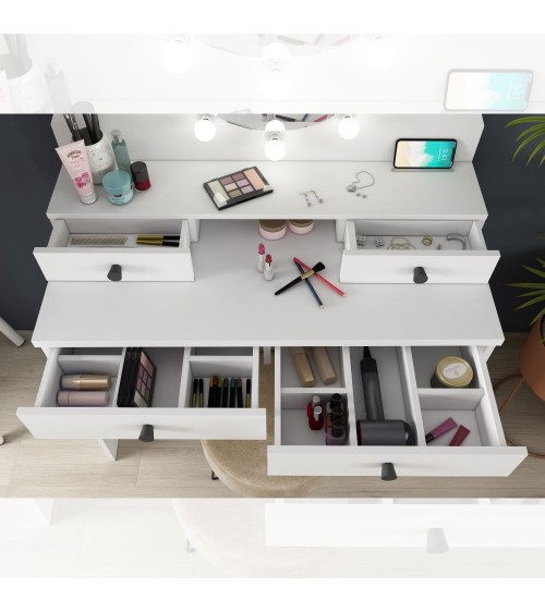 Toeletta da trucco con specchio a luci a led con doppio ripiano e 4 cassetti bianco