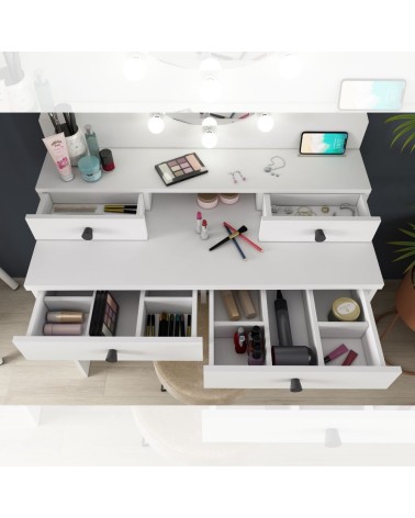 Toeletta da trucco con specchio a luci a led con doppio ripiano e 4 cassetti bianco