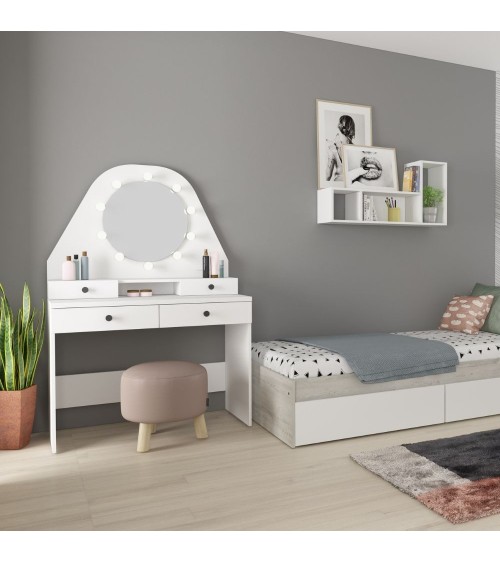 Toeletta da trucco con specchio a luci a led con doppio ripiano e 4 cassetti bianco