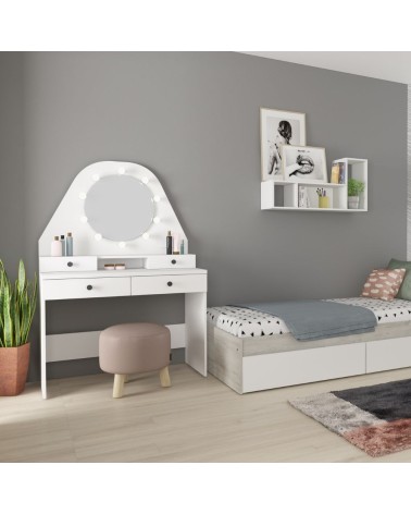 Toeletta da trucco con specchio a luci a led con doppio ripiano e 4 cassetti bianco
