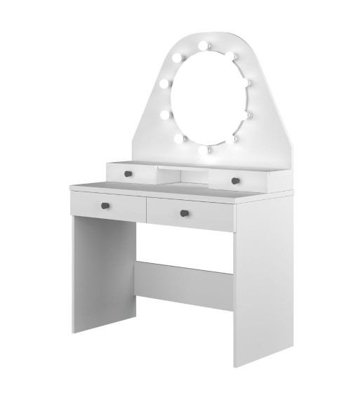 Toeletta da trucco con specchio a luci a led con doppio ripiano e 4 cassetti bianco