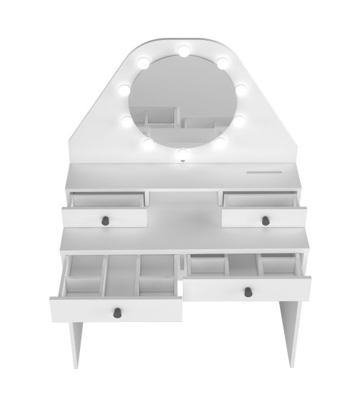 Toeletta da trucco con specchio a luci a led con doppio ripiano e 4 cassetti bianco
