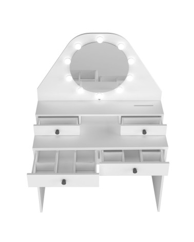 Toeletta da trucco con specchio a luci a led con doppio ripiano e 4 cassetti bianco