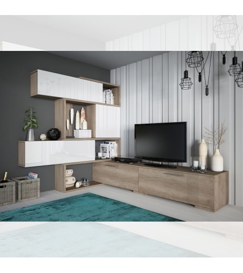 Parete attrezzata 8016 reversibile struttura rovere e frontali bianchi