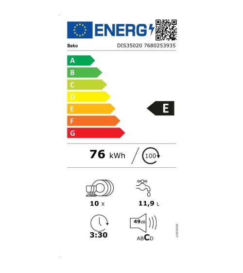 Lavastoviglie Beko DIS35020 45 cm. scomparsa totale 10 coperti classe E