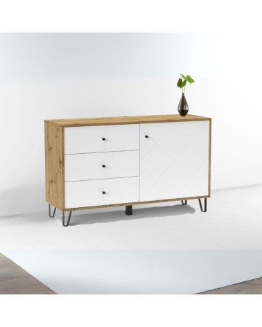 Credenza Bollo 5 con anta e 3 cassetti colore rovere e bianco