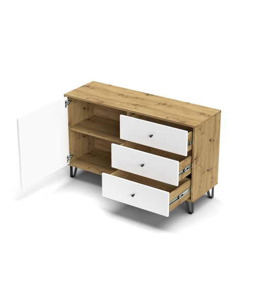 Credenza Bollo 5 con anta e 3 cassetti colore rovere e bianco