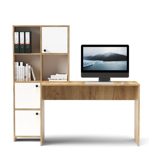 Scrivania con libreria Halk colore rovere e bianco
