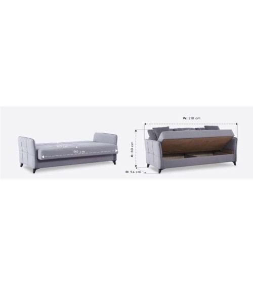 Divano letto contenitore Panama 3 posti colore grigio chiaro 51-002 e cuscini grigio scuro