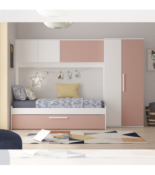 Cameretta a ponte 6007 con letto estraibile e armadio colore bianco e rosa antico reversibile