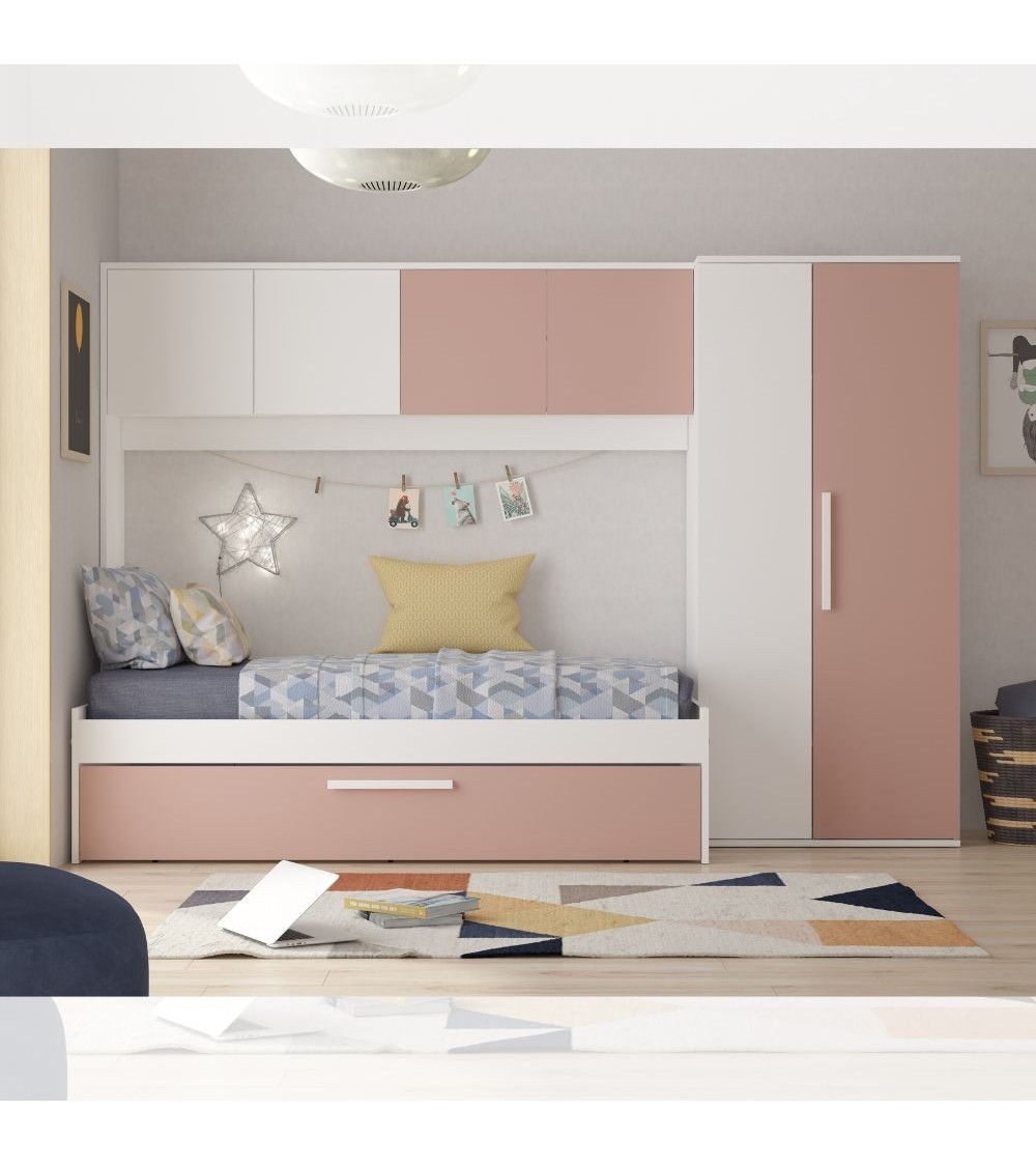 Cameretta a ponte 6007 con letto estraibile e armadio colore bianco e rosa antico reversibile