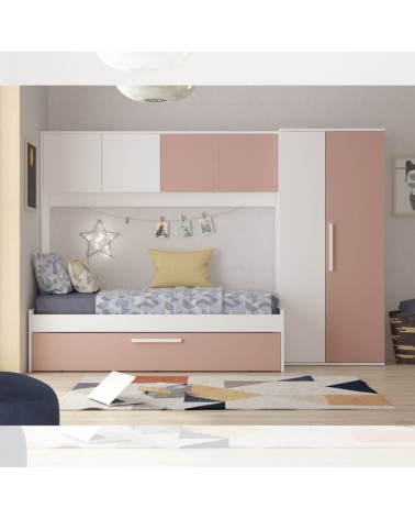 Cameretta a ponte 6007 con letto estraibile e armadio colore bianco e rosa antico reversibile