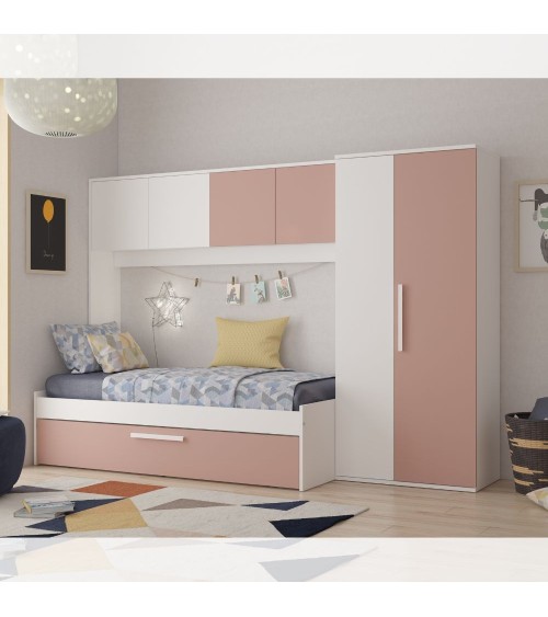 Cameretta a ponte 6007 con letto estraibile e armadio colore bianco e rosa antico reversibile