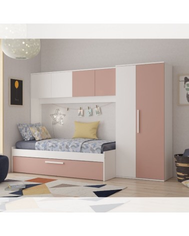 Cameretta a ponte 6007 con letto estraibile e armadio colore bianco e rosa antico reversibile