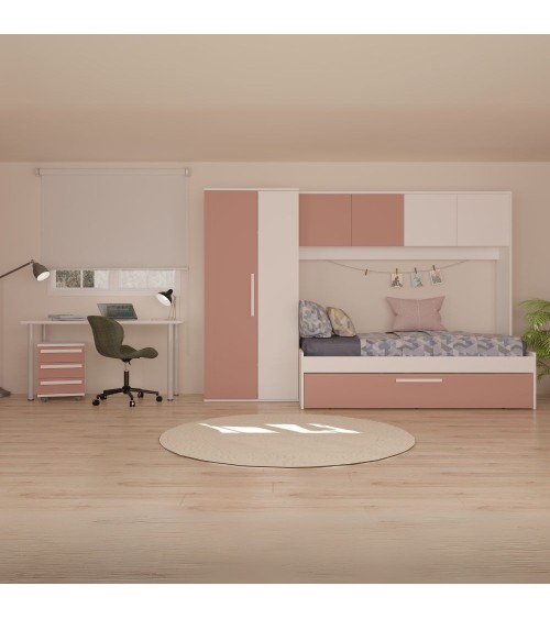 Cameretta a ponte 6007 con letto estraibile e armadio colore bianco e rosa antico reversibile