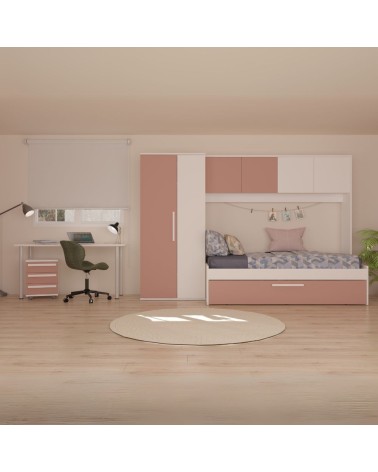 Cameretta a ponte 6007 con letto estraibile e armadio colore bianco e rosa antico reversibile