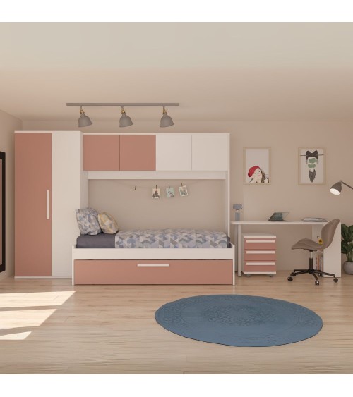 Cameretta a ponte 6007 con letto estraibile e armadio colore bianco e rosa antico reversibile