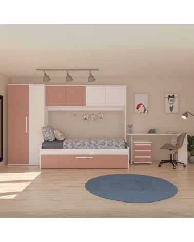 Cameretta a ponte 6007 con letto estraibile e armadio colore bianco e rosa antico reversibile