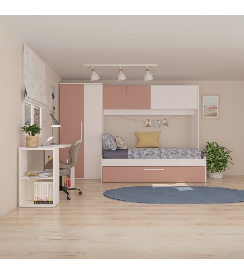 Cameretta a ponte 6007 con letto estraibile e armadio colore bianco e rosa antico reversibile