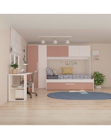Cameretta a ponte 6007 con letto estraibile e armadio colore bianco e rosa antico reversibile