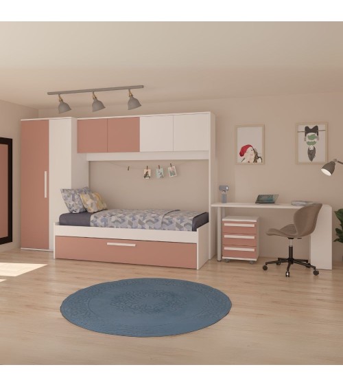 Cameretta a ponte 6007 con letto estraibile e armadio colore bianco e rosa antico reversibile