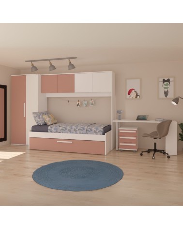 Cameretta a ponte 6007 con letto estraibile e armadio colore bianco e rosa antico reversibile