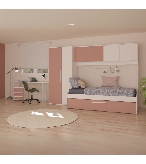 Cameretta a ponte 6007 con letto estraibile e armadio colore bianco e rosa antico reversibile