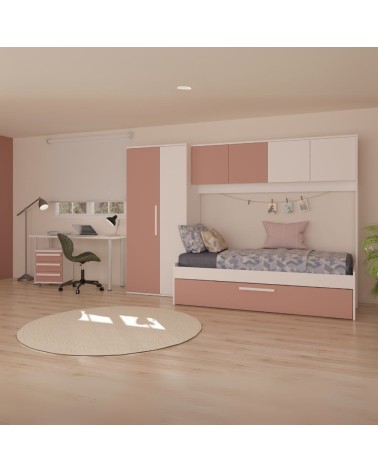 Cameretta a ponte 6007 con letto estraibile e armadio colore bianco e rosa antico reversibile