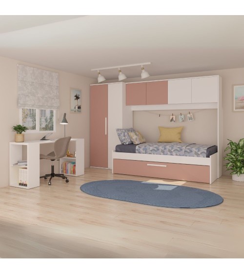 Cameretta a ponte 6007 con letto estraibile e armadio colore bianco e rosa antico reversibile