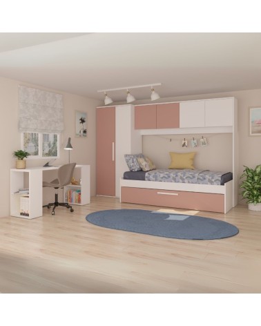 Cameretta a ponte 6007 con letto estraibile e armadio colore bianco e rosa antico reversibile