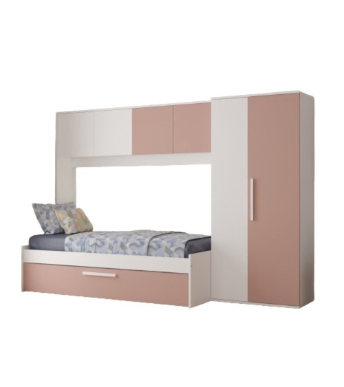 Cameretta a ponte 6007 con letto estraibile e armadio colore bianco e rosa antico reversibile