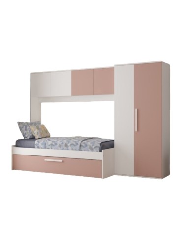 Cameretta a ponte 6007 con letto estraibile e armadio colore bianco e rosa antico reversibile