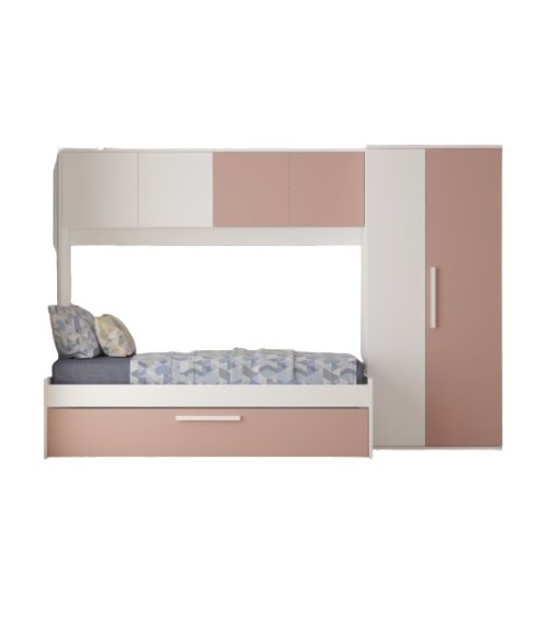Cameretta a ponte 6007 con letto estraibile e armadio colore bianco e rosa antico reversibile