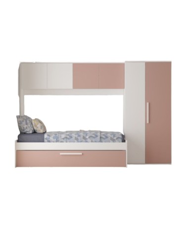 Cameretta a ponte 6007 con letto estraibile e armadio colore bianco e rosa antico reversibile