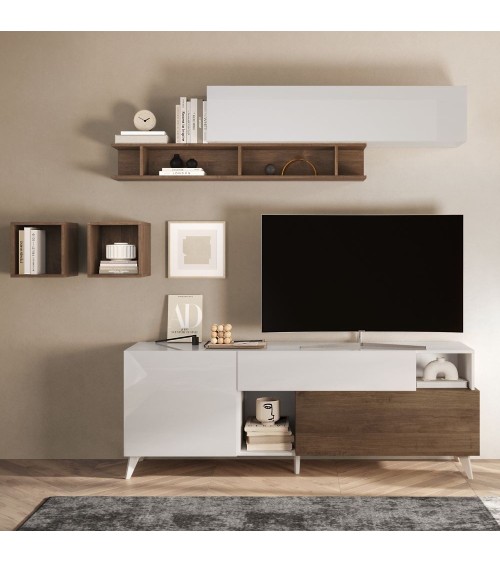 Porta Tv Marion 180 cm in bianco lucido e mercure