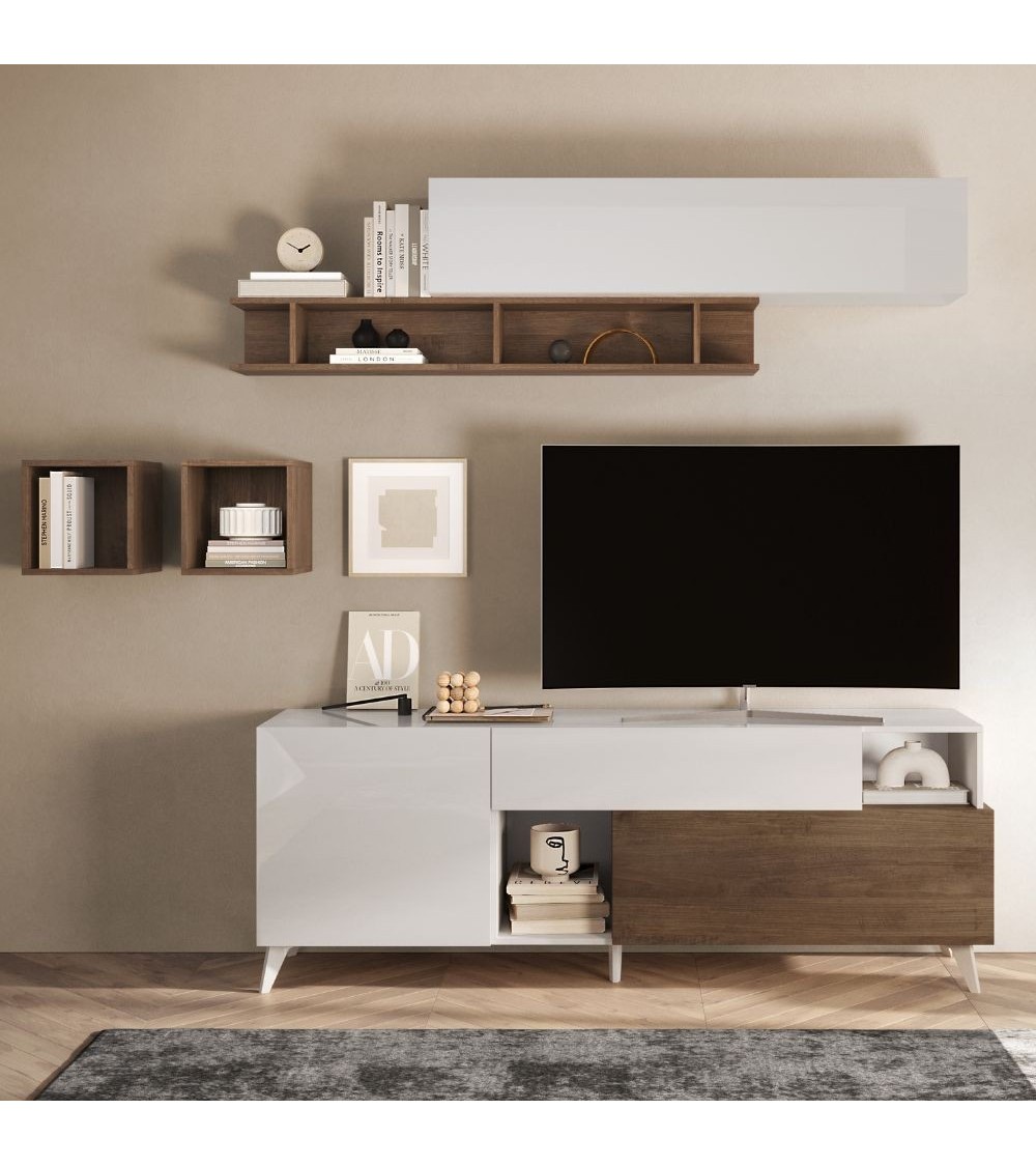 Porta Tv Marion 180 cm in bianco lucido e mercure