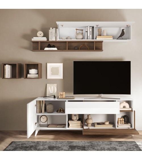 Porta Tv Marion 180 cm in bianco lucido e mercure